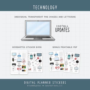 Technologie Digitale plannerstickers - onderhoud computerapparatuur, internettaakpictogrammen (PNG, GoodNotes, pdf) afbeelding 2