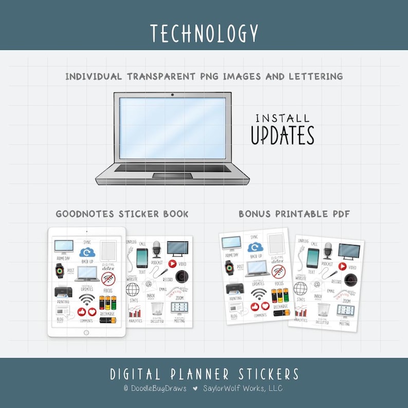 Technologie Digitale plannerstickers - onderhoud computerapparatuur, internettaakpictogrammen (PNG, GoodNotes, pdf) afbeelding 2