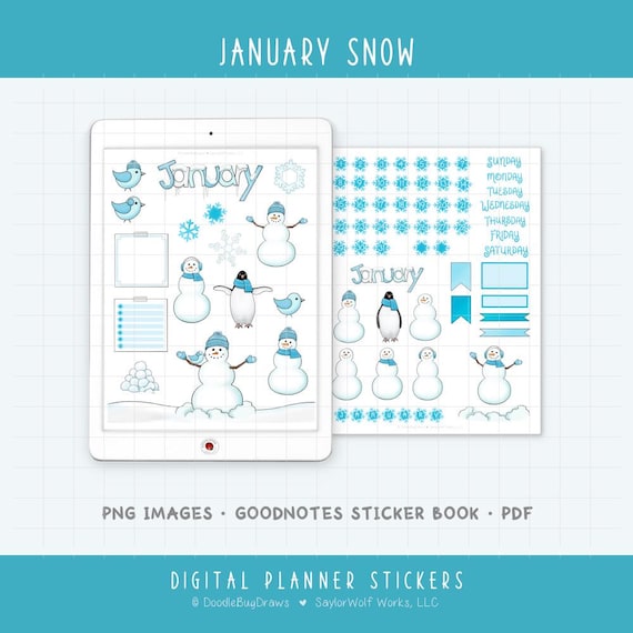 Winter Snowman - January Monthly Digital Planner Sticker Kit - Seasonal Calendar Theme (PNG, GoodNotes, PDF)