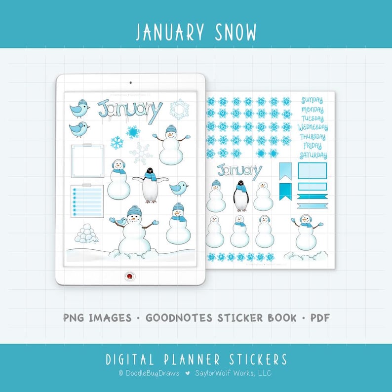 May include: Digital planner stickers with a winter theme. The image features a tablet with illustrations of snowmen, birds, and snowflakes. The text "January Snow" is at the top. Additional stickers include days of the week and decorative elements.