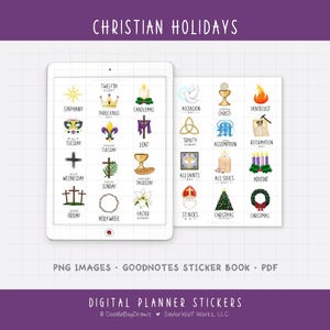 Könnte beinhalten: Digitale Planer-Aufkleber mit christlichen Feiertagen. Das Bild zeigt ein Tablet und eine Karte mit Symbolen für religiöse Ereignisse wie Epiphanias, Fastenzeit und Weihnachten. Text beinhaltet "PNG Images", "Goodnotes Sticker Book" und "PDF".