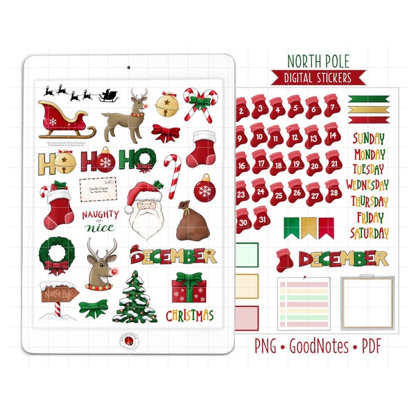 North Pole Christmas Digital Planner Stickers, December Monthly Kit, GoodNotes Stickers, PNG, Printable PDF, Santa Claus Journal Stickers