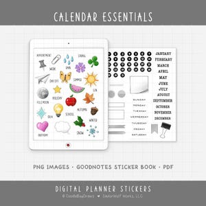 May include: Digital planner stickers displayed on a tablet, featuring icons for appointments, holidays, and seasons. Includes a calendar layout with dates and months, and the text "CALENDAR ESSENTIALS".
