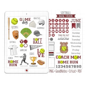 Op de afbeelding: Een set digitale stickers voor softbal met verschillende ontwerpen, waaronder een softbal, een knuppel, een handschoen, een honkbalveld, een trofee, een hotdog, een honkbalpet, een shirt en een kalender met het woord "juni". De stickers zijn in verschillende kleuren, waaronder rood, wit, blauw, groen en geel. De tekst "Softball Digital Stickers" staat bovenaan de afbeelding. De tekst "Take Me Out to the Ballgame" staat op de kalender.