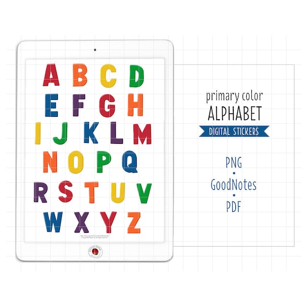 Alphabet de lettre de bloc de couleurs primaires, autocollants de planificateur numérique, autocollants GoodNotes, PNG pré-recadré, PDF imprimable, autocollants de journal