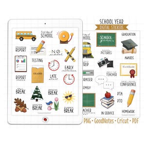 Digitale plannerstickers schooljaar, GoodNotes-stickers, voorgesneden png, afdrukbare pdf, onderwijs, student, leraar, dagboekstickers