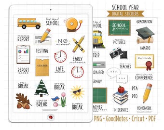 School Year Digital Planner Stickers, GoodNotes Stickers, Pre-Cropped PNG, Printable PDF, Education, Student, Teacher, Journal Stickers