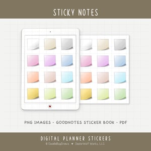 Könnte beinhalten: Digitale Planer-Aufkleber mit bunten Haftnotizen in Pastelltönen. Das Bild zeigt ein Tablet mit den Notizen und ein separates Blatt mit dem gleichen Design. Der Text "STICKY NOTES" steht oben.