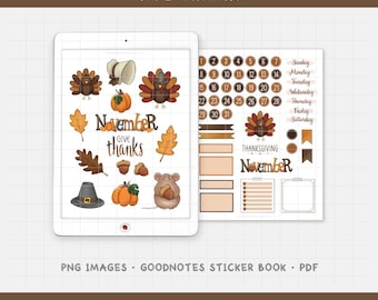Puede incluir: Pegatinas digitales para planificador con ilustraciones temáticas de Acción de Gracias. Las pegatinas incluyen pavos, calabazas, hojas y las palabras "Give Thanks" y "November". También se incluye un calendario.