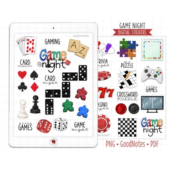 Game Night Digital Planner Stickers, GoodNotes Stickers, Pre-Cropped PNG, Printable PDF, Board Games, Cards, Recreation, Journal Stickers