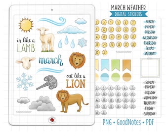 March Weather Digital Planner Stickers Monthly Kit, GoodNotes Stickers, PNG, Printable PDF, In Like a Lamb Out Like a Lion, Journal Stickers