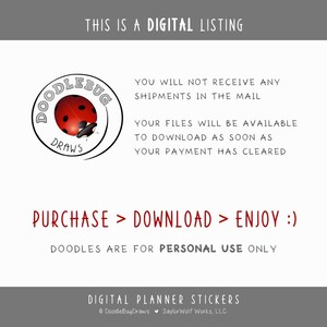 May include: A digital listing graphic with the text "THIS IS A DIGITAL LISTING". The image includes a circular logo with a ladybug design and the words "Doodlebug Draws". Text states files are available to download after payment clears. The graphic also says "PURCHASE > DOWNLOAD > ENJOY :)".