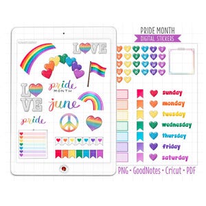 May include: Digital stickers for Pride Month featuring rainbow colors, hearts, peace signs, and the words "Love", "Pride", "June", and "Pride Month".  The stickers also include a rainbow flag, a calendar with numbers 1-31, and a set of rainbow-colored flags.