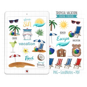 Tropical Vacation Digital Planner Stickers, Travel GoodNotes Stickers, Pre-Cropped PNG, Printable PDF, Beach Day Journal Stickers, Cruise