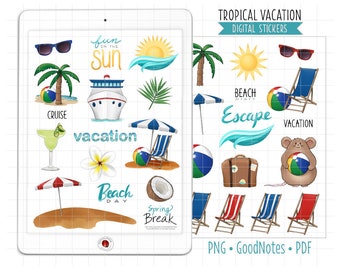 Pegatinas del planificador digital de vacaciones tropicales, pegatinas de GoodNotes de viaje, PNG prerecortado, PDF imprimible, pegatinas del diario del día de la playa, crucero