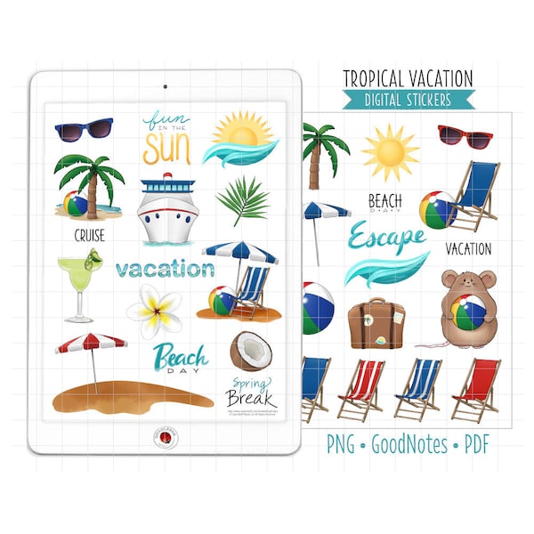 Tropischer Urlaub Digitale Planner Aufkleber, Reise GoodNotes Aufkleber, vorgeschnittenes PNG, druckbare PDF, Strandtag Journal Aufkleber, Kreuzfahrt