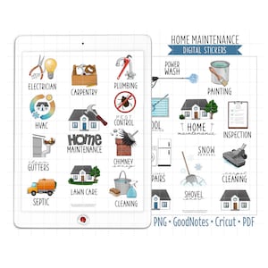 Home Maintenance Digital Planner Stickers, GoodNotes Stickers, Pre-Cropped PNG, Printable PDF, Household Chores, Homeowner Journal Stickers