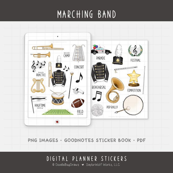 Marching Band Digital Planner Stickers - Music and Musical Instrument Icons (PNG, GoodNotes, PDF)