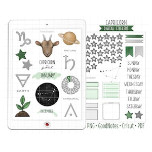 山羊座のデジタルプランナーステッカー、12月/1月の月間キット、GoodNotesステッカー、PNG、PDF、占星術ジャーナルステッカー