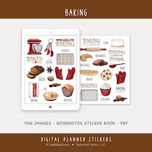 Könnte beinhalten: Digitale Planer-Aufkleber mit Backthema. Das Bild zeigt Illustrationen von Backutensilien, Backwaren und Textelementen wie "Baking" und "Baked with Love". Enthält Bilder von Mixer, Keksen, Brot, Kuchen und Cupcakes.