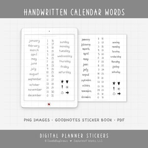 Op de afbeelding: Een digitale planner sticker set met handgeschreven kalenderwoorden, maanden en dagen van de week. Inclusief PNG-afbeeldingen, een GoodNotes stickerboek en een PDF. Het ontwerp is in zwart en wit, met decoratieve symbolen.