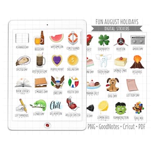 Pegatinas digitales para planificadores de vacaciones extravagantes de agosto, divertidas pegatinas de GoodNotes para el Día Nacional, PNG precortado, PDF imprimible, pegatinas para diario