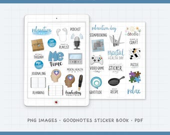 Pegatinas digitales para agenda "Tiempo para mí": Día de la Salud Mental, Iconos de Aficiones (PNG, GoodNotes, PDF)