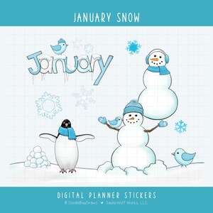 May include: Digital planner stickers with a winter theme. The image features the word "January" in blue with icicles, snowflakes, snowmen, a penguin, and birds. The text "January Snow" is at the top, and "Digital Planner Stickers" is at the bottom.