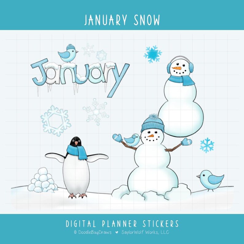 May include: Digital planner stickers with a winter theme. The image features the word "January" in blue with icicles, snowflakes, snowmen, a penguin, and birds. The text "January Snow" is at the top, and "Digital Planner Stickers" is at the bottom.