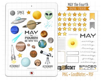 Solar System Digital Planner Stickers May Monthly Kit, GoodNotes Stickers, Pre-Cropped PNG, Printable PDF, Sci-Fi Astronomy Journal Stickers