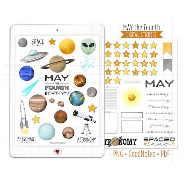 Solar System Digital Planner Stickers May Monthly Kit, GoodNotes Stickers, Pre-Cropped PNG, Printable PDF, Sci-Fi Astronomy Journal Stickers