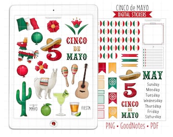 Cinco de Mayo Digital Planner Stickers, May Monthly Kit, GoodNotes Stickers, Pre-Cropped PNG, Printable PDF, Fiesta Journal Stickers