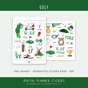 May include: Digital planner stickers with a golf theme. The image features various golf-related illustrations, including golf balls, clubs, a golf cart, and text such as "Golf is cheaper than therapy." The stickers are designed for digital use.
