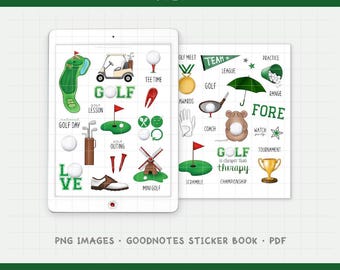 May include: Digital planner stickers with a golf theme. The image features various golf-related illustrations, including golf balls, clubs, a golf cart, and text such as "Golf is cheaper than therapy." The stickers are designed for digital use.