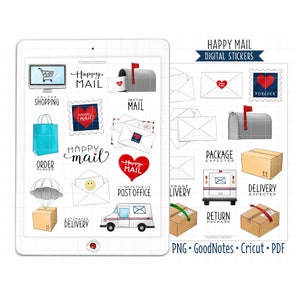 Adesivos para planejador digital Happy Mail, adesivos GoodNotes, PNG pré-cortado, PDF para impressão, entrega de pacotes, correios, adesivos para diário