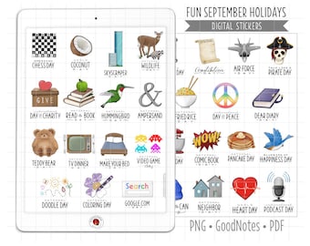 September Wacky Holidays Digital Planner Stickers, Fun National Day GoodNotes Stickers, Pre-Cropped PNG, Printable PDF, Journal Stickers