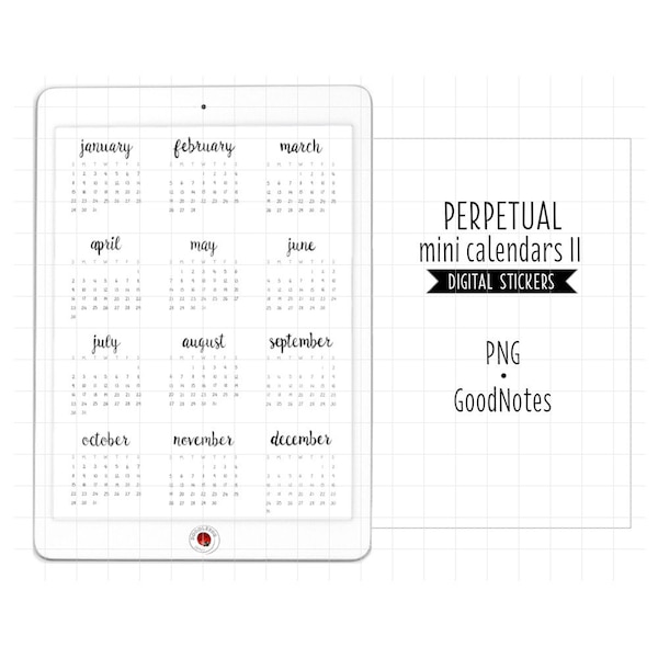 Eeuwigdurende minikalenders en maandnamen, digitale planner-stickers, GoodNotes-stickers, PNG-kalenderwidgets Digital Journal-stickers