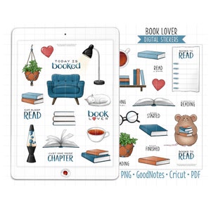 May include: A set of digital stickers for book lovers featuring illustrations of books, a lamp, a cat, a cup of tea, a lava lamp, a potted plant, a bookshelf, a reading nook, and text that says "Today is booked", "Eat, sleep, read", "Book lover", "Just one more chapter", "Books to read", "Read", "Currently reading", "Book started", "Book finished", and "Adding".