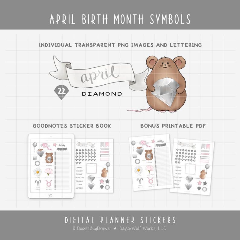 April Birth Month Symbols Digital Planner Stickers - Birthday Tracker ...
