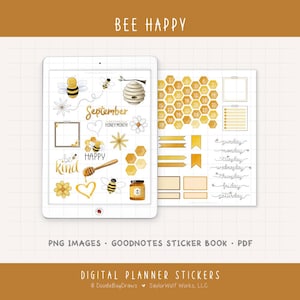 Op de afbeelding: Digitale planner stickers met een bijenthema. De afbeelding toont een tablet met verschillende stickers, waaronder bijen, honingraten en bloemen. De tekst "BEE HAPPY" en "September Honey Month" zijn zichtbaar. Extra stickers zijn onder meer banners en een kalender.