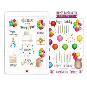 Happy Birthday Digital Planner Stickers, GoodNotes Stickers, Pre-Cropped PNG, Printable PDF, Cake, Balloons, Birthday Party Journal Stickers