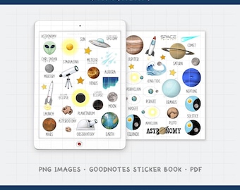 Stargazing Digital Planner Stickers - Celestial Events, Solar System Planets, Moon & Stars (PNG, GoodNotes, PDF)