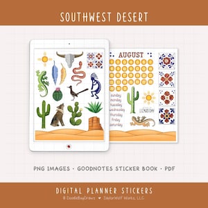 Peut inclure: Autocollants de planificateur numérique sur le thème du désert du sud-ouest. Les autocollants comprennent des cactus, un loup hurlant, un grand géocoucou, un lézard, un soleil et un calendrier d'août. Le texte de l'image dit "Southwest Desert", "PNG Images" et "Digital Planner Stickers".