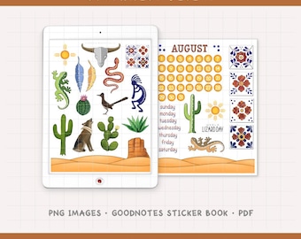 Southwest Desert - August Monthly Digital Planner Sticker Kit - Cactus Calendar Theme (PNG, GoodNotes, PDF)