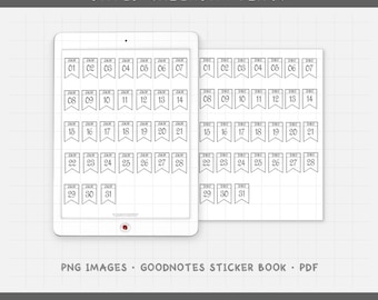 May include: Digital planner stickers featuring dated calendar flags. The flags are white with black text, displaying dates from the 1st to the 31st of the month. The image includes a tablet displaying the flags and a separate sheet of the same flags.