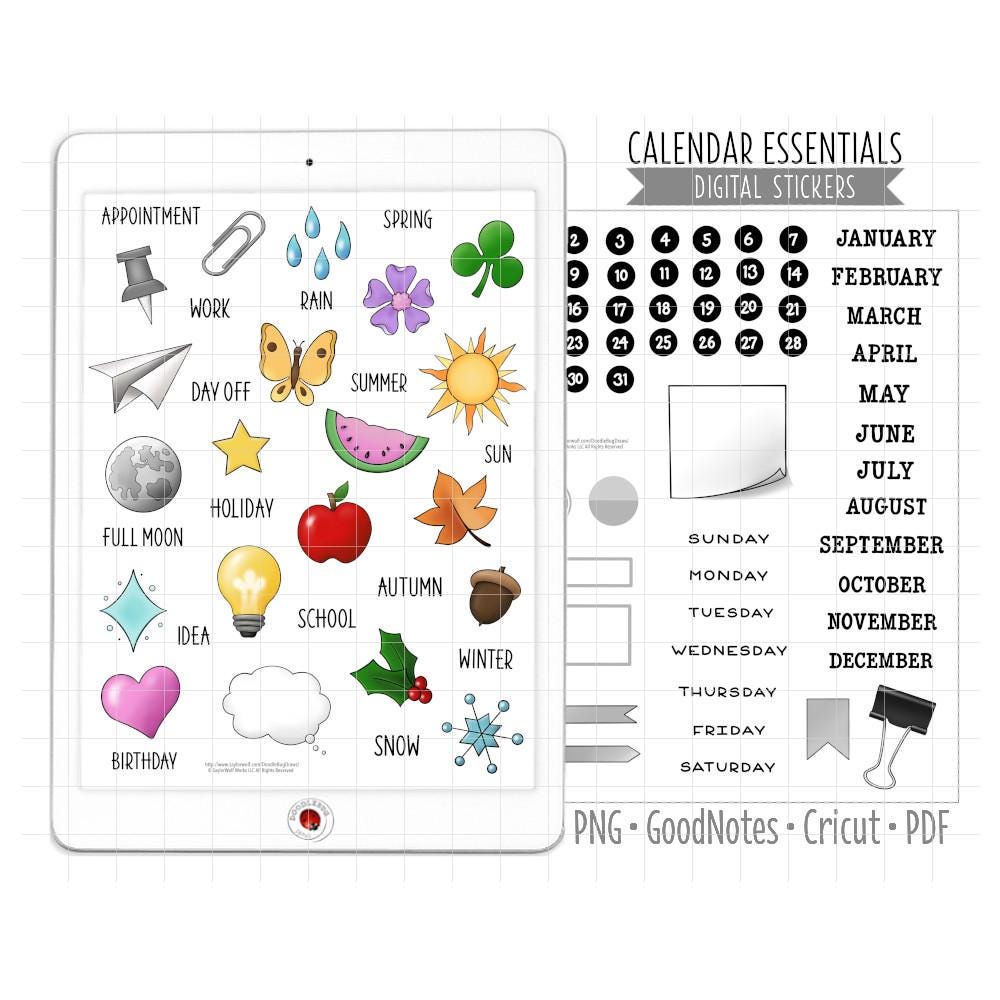 Calendar Essentials Digital Planner Stickers Monthly Kit: Seasons, Weather & Reminders - GoodNotes Stickers, Pre-Cropped PNG, Printable PDF