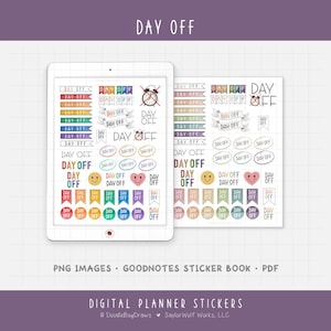 Puede incluir: Pegatinas digitales para planificador con el texto "DAY OFF" en varios diseños y colores. Las pegatinas, incluyendo banners y banderas, se muestran en una tableta y una hoja de papel. También incluye el texto "PNG IMAGES • GOODNOTES STICKER BOOK • PDF".