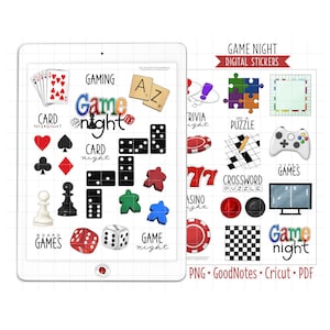 Autocollants d'agenda numérique Game Night, autocollants GoodNotes, PNG pré-recadré, PDF imprimable, jeux de société, cartes, loisirs, autocollants de journal