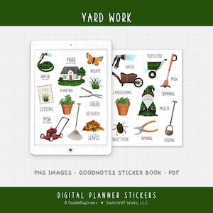 Könnte beinhalten: Digitale Planer-Aufkleber mit Illustrationen zum Thema Gartenarbeit. Enthält Bilder von Rasenmäher, Rechen, Gießkanne und Gartenzwerg. Der Text enthält "Yard Work", "Planting" und "Mulch".