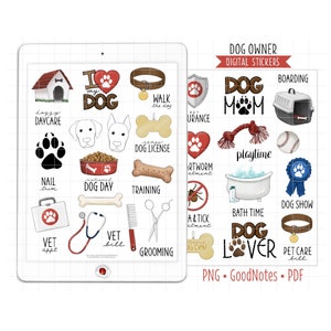 Dog Owner Digital Planner Stickers, GoodNotes Stickers, Pre-Cropped PNG, Printable PDF, Pet Care, Dog Lover, Vet Reminders, Journal Stickers